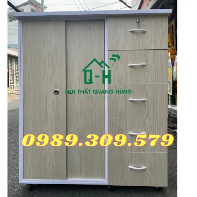 TỦ NHỰA ĐÀI LOAN 2 CÁNH NĂM NGĂN KÉO CỬA LÙA MÀU KEM CAO 1M25 NGANG 1M06 SÂU 42CM GIÁ RẺ