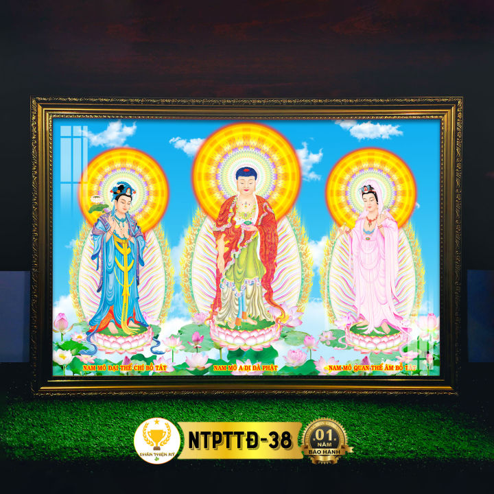 Tranh Thờ Tam Thánh Phật Đứng Có Đèn CHÂN THIỆN MỸ, Trang Trí Bàn Thờ ...