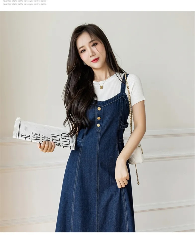 Korean Style Elegant Denim Dresses Women Spaghetti Strap Jeans