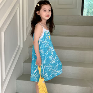 1-8 Years Old Girls Fashion Halter Dress Baby Girls Korean Casual Sleeveless Skirt Kids Beach Vacation Dress Childrens Home Pajamas Skirt