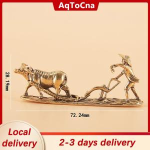 [COD] AqToCna Ship within 24 hours 1 Piece Vintage Home Ornament Collection Of Tea Pet Brass Carving Handholds Metal Crafts Old Farmer And Cow Living Room Decoration