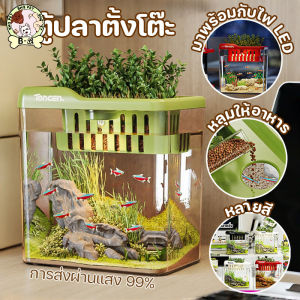 Scten ตู้ปลา LEDเปิดไฟ ตู้ปลาตั้งโต๊ะ ตู้ปลาพลาสติก พร้อมช่องให้อาหารและฝาปิดกันฝุ่น ป้องกันปลากระโดดได้ (สวยงาม ใช้งานง่าย)