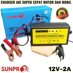 Alat Casan Aki Motor Mobil SUNPRO 12V-2A Pengisi Daya Cepat Cerdas Aman Bisa Aki Kering & Basah