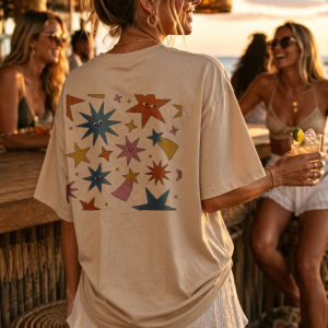 [Local Stock] HBESTY  Colorful Stars Cartoon Faces Geometric Shapes T-shirt Short Sleeve Casual Streetwear Kawaii Clothes Graphic T Shirts Gothic Tops
