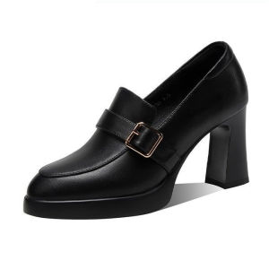 Plateform black 2inches leather high heels korean school shoes office shoes thick heels for women Walking Shoes Footwear Girl Heeled