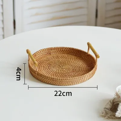 Woven Storage Baskets Rattan Tray Bread Basket Fruit Vegetable Cake Food Plate with Handle