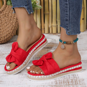 [Free Shipping] New Summer Collection: WomenS Wedge-Heeled Sandals With Bow Details Thick-Soled Beach Sandals And Large-Size Sandals With Rope Straps