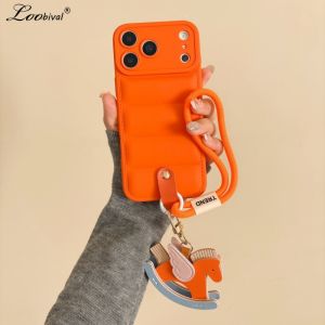 Cartoon Horse Down Jacket Hand Wrist Strap Case for iPhone 17 16 15 Pro Max Air 14 Plus 13 12 11 X Xr Xs Lanyard Soft TPU Cover