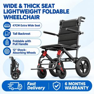 (SG Inventory)Extra Wide Lightweight Foldable Aluminum Wheelchair 47cm seat width＆43.5 cm backrest height Wheelchair Easy To Carry Portable Transport Chair For The Elderly Luggage-Style Handle