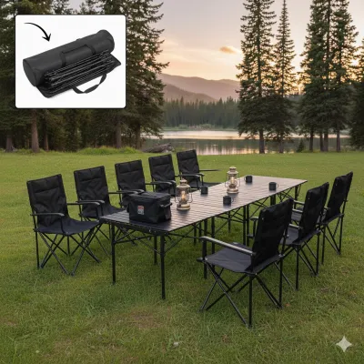 Extra Large 8-Seater Camping Table and Chairs Set Folding Outdoor Furniture for Group Outing Garden Party & Fishing - Heavy Duty Aluminum Roll-up Table with Storage Bag