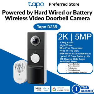 [1 Year Warranty] TP-Link Tapo Smart Doorbell Viewer Long Battery Life Waterproof 3K 5MP Wifi Camera Tapo D235