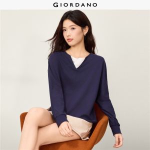 GIORDANO Women Sweatshirts Fake Two-Piece Cotton Sweatshirts Dolman Sleeve Fashionable Casual Relaxed Sweatshirts 13326645