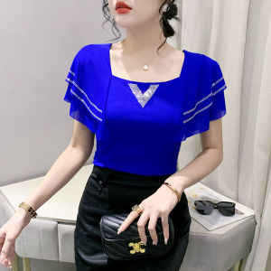 Yimei tay ngắn áo thun cổ vuông cho nữ áo thun mỏng màu đen và đẹp cho nữ thiết kế áo lưới Lá Xếp nếp Mới Mùa Hè 2023