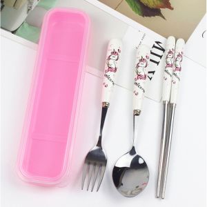 [Local Seller] 3in1 Sanrio Hello Kitty Melody Cutlery Set Spoon Fork Chopstick Cartoon Character Box