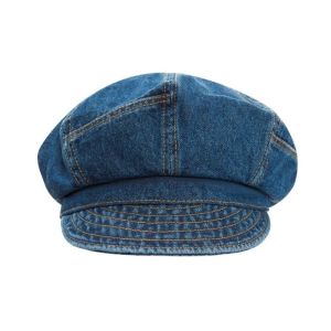 BAGUO Đám mây Mũ beret denim đã giặt Cổ điển Người bán báo Mũ chóp Thời trang Nghệ sĩ Mũ hình bát giác Phụ nữ
