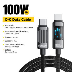 ESSAGER 100W/5A Kabel Pengisian Cepat Tipe C Untuk Tipe C Kabel Pengisian Tampilan Digital USB2.0/480Mbps