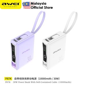 Awei P87K 10000mAh 30W PowerBank Built-In Cable Power Bank 30W Fast Charging Power Bank Mini Powerbank Portable