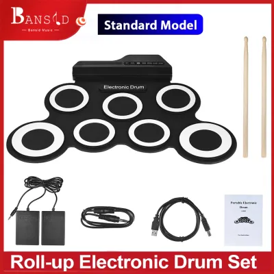 【Ready Stock】 Bansid electric drum set Portable Foldable Silicone Electronic Drum Pad Kitdrumset instrument for kids Digital USB MIDI Roll-up with Drumstick Foot Pedal 3.5mm Audio Cable Outdoorfree