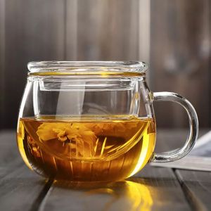 Gelas Teh Kaca Transparent Glass Tea Cup Classic With Lid & Infuser