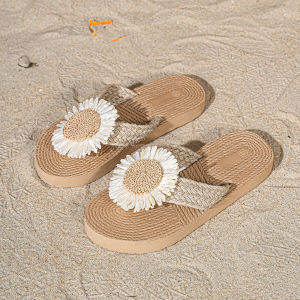 Linen Sunflower Flat Flip-Flops Versatile WomenS Plus Size Sandals For Outdoor Wear Non-Slip Casual Beach Shoes