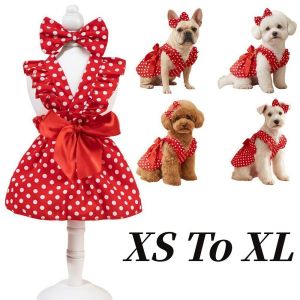 NOBLELUX Polka Dots Printing Cat Dog Princess Dress Flying Sleeve Bow Headband Pet Dress Cute XS-Xl Size Pet Skirts Spring Summer