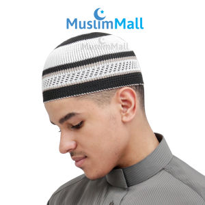Peci Rajut Nilon Putih Motif 3 Strip Warna - TheKufi Soft Nylon Kopiah