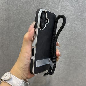 Business Plating Leather Case for iPhone 17 16 15 11 12 13 Pro Max 16 Plus Wrist Strap Hand Chain 17 Air Fold Bracket PC Cover