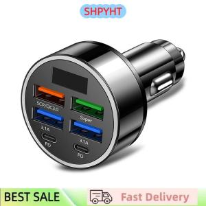SHPYHT 100W 6-Ports USB Type-C Car Charger With Voltage Display PD Fast Charging Power Adapter For Iphone Android Smart Phone Tablet