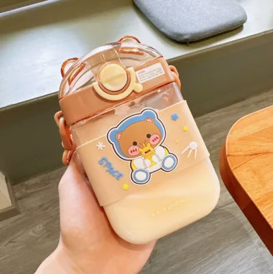 [SG Stock] Kids Cute square straw cup 470ml cartoon style High Quality plastic cup leak proof flat and portable water bottle with strap toddlerchildchildren