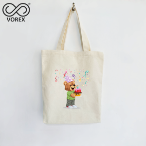 Birthday Bear Cartoon - VOREX Cute Gift Tote Bag Birthday Gift Animated Design for Party & Celebrations (Beige & Black) | V001