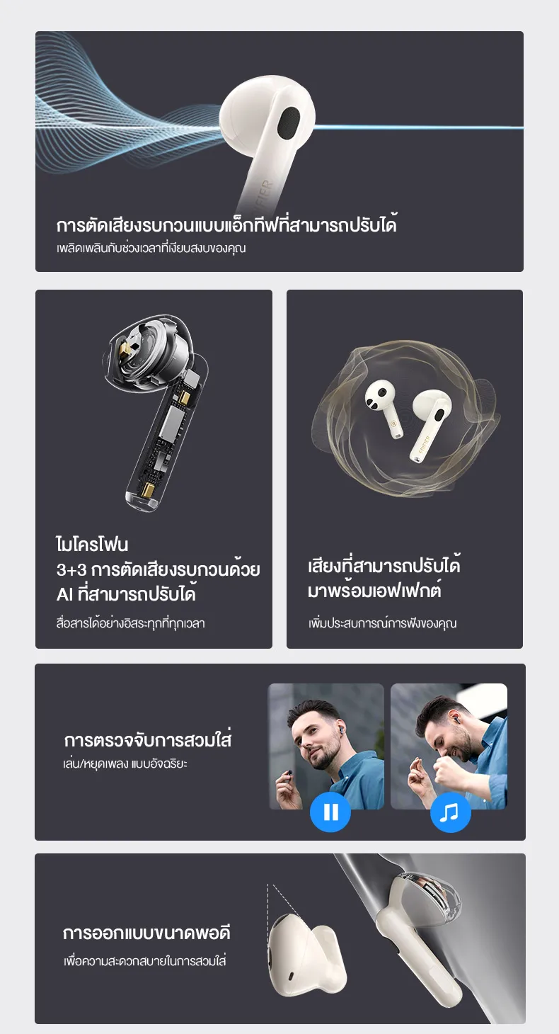 Edifier W320TN TWS หูฟังตัดเสียงรบกวนหูฟังบลูทูธ V5.3 Adaptive Active Noise Cancellation 3 + 3 ไมโครโฟน AI Adaptive การรับรองไร้สายความละเอียดสูง
