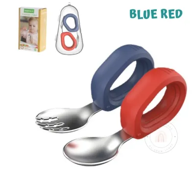 Hogokids Baby Curved Learning Stainless Steel Spoon Fork Set Round Handle Self Feeding Training Twisted Cutlery