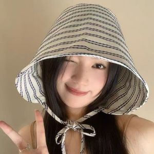 DOOUR Có thể gấp lại Mũ ngư dân Vành rộng Sọc sọc Mũ Panama Thời trang Có thể điều chỉnh Mũ chống nắng đi biển Mùa hè