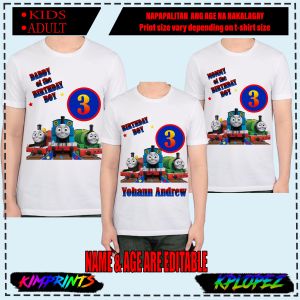 THOMAS AND FRIENDS DESIGN PERSONALIZED BIRTHDAY T-SHIRT DESIGN CUSTOMIZED DESIGN IN TSHIRT WITH NAME SUBLIMATION PRINT WHITE SHIRT