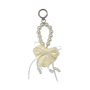 Lovely Heart Shaped Plush Keychain with Lace Pearls Detail Decorative Bowknot Bag Charm for Women Girls Gift