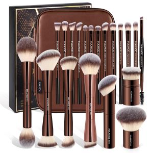 MAANGE 20 PCS Makeup Brush Set with Bag Double-ended Kabuki Brush Foundation Contour Brush for Liquid Powder Concealer Eye Shadows Cream Cosmetics Blending Blush Face Makeup Tools with Case (Black)