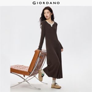 GIORDANO Women Dresses Fake 2-Piece V-Cut Round Neck Rib Dresses Long Sleeve Contrasting Fashion Casual Soft Dresses 05465851