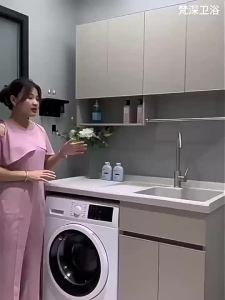 Space Aluminum Balcony Roller Washer Storage Cabinet with Washboard & Integrated Laundry Sink Combo