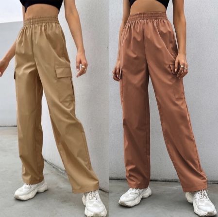 New Women`s Cargo Pants High Waist Pockets Wide Leg Pants Jogging