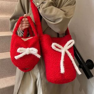 HOUMENG Bow Decoration Plush Bucket Bag Single Shoulder Large Capacity New Year Red Tote Trendy Lightweight Christmas Shoulder Bag Autumn