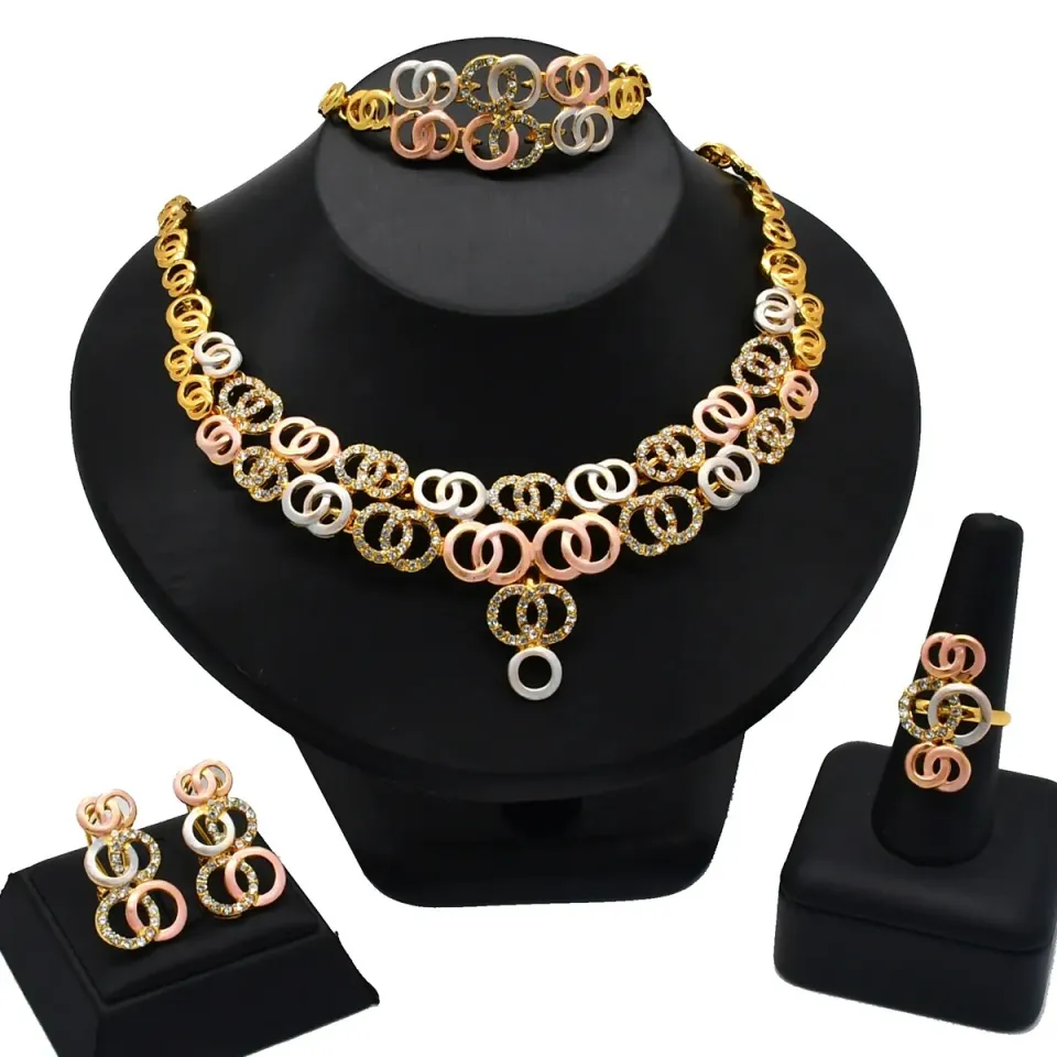 Ethiopian Habesha Jewelry Set | Gold Color Necklace, Earrings & Ring Set With Rhinestones - View #4