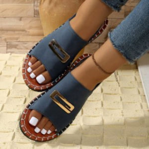 [Free Shipping] Plus-Size WomenS Sandals 2026 Summer New Style Elastic Strap Thick-Soled Metal Buckle Peep-Toe Beach Sandals