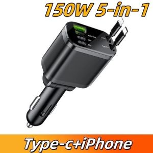 Retractable 4-in-1 Fast Car Charger with Starlight Ceiling Projection 120W Super Fast Charging for iPhone Android Dual USB-C & iOS Ports Car Adapter