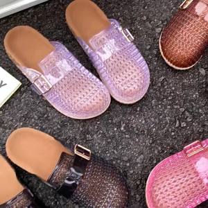 [Free Shipping] WomenS Summer Crystal Transparent Thick-Soled Slip-On Fashion Casual New Style Closed-Toe Half Slippers