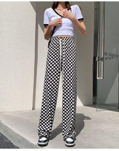 IELGY บอร์ดลายตารางหมากรุกผ้าวิสคอสของผู้หญิงกางเกงขากว้างทรงตรงพื้นเอวสูง