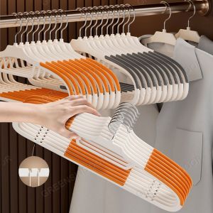 10Pcs/Set Non-slip Plastic Clothes Hangers Flocking Clothes Hanger with 360° Swivel Hook Ultra-Thin Traceless Hangers
