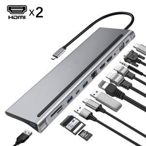 12 in 1 Type-C HUB 2 USB3.0 USB 2.0 2 HDMI VGA RJ45 USB-C PD 3.5mm Card Reader Adapter for Laptop Notebook PC