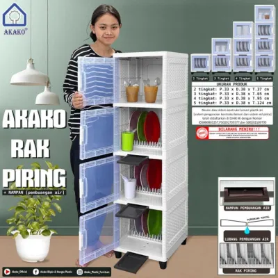 Lemari Rak Piring AKAKO + nampan pembuangan air [ SUSUN 4 ALIAS 4 BOX ] ukuran 33 x 38 x 125 cm