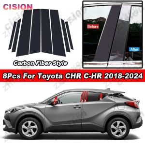 8Pcs Glossy Black Chrome Carbon Fiber Car Door Window Center B C Pillar Post Cover Trim Middle Column Mirror Effect PC Material Sticker Styling Accessories For Toyota CHR C-HR 2018-2024