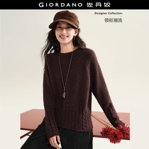 Giordano Women Raglan sleeve cable knit trim sweater Free Shipping 18356221